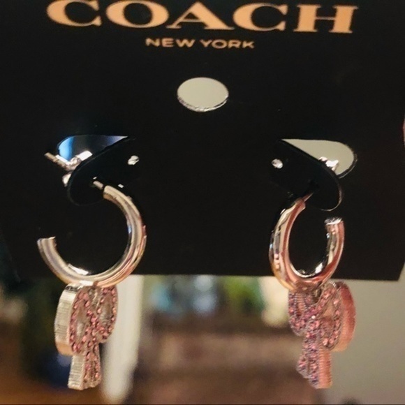 Coach Silver Pave Bow Hoop Earrings NWT | Crystal Bow Charm Earrings - Picture 2 of 2